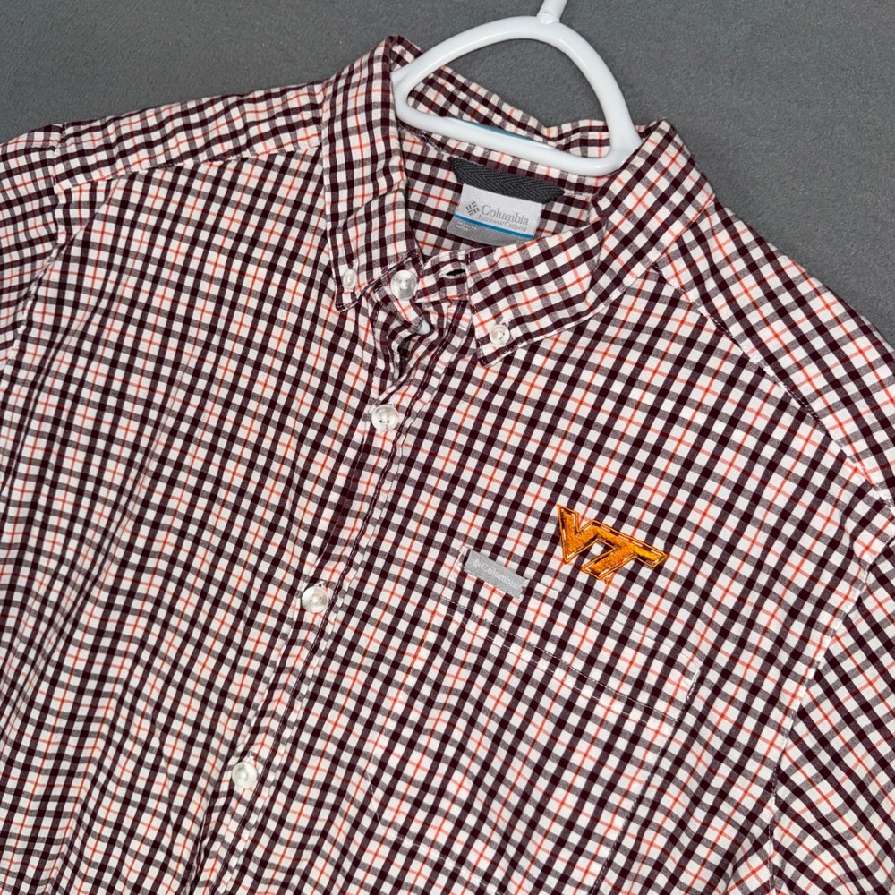 Columbia Shirt Mens Medium Maroon Plaid Virginia Tech Hokies Logo Button Down